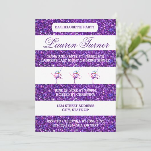 Paarse en witte strepen - Bachelorette-uitnodiging Kaart (Staand voorkant)