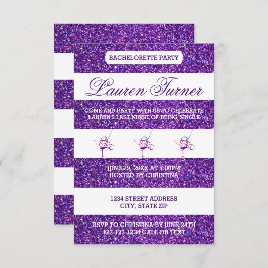 Paarse en witte strips-3x5 Bachelorette-uitnodigin Kaart (Voorkant / Achterkant)