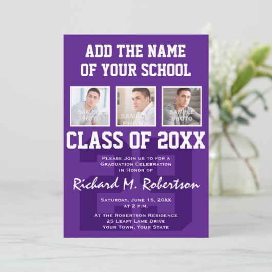 Paarse en Witte Student Athlete Graduation Party Kaart (Staand voorkant)