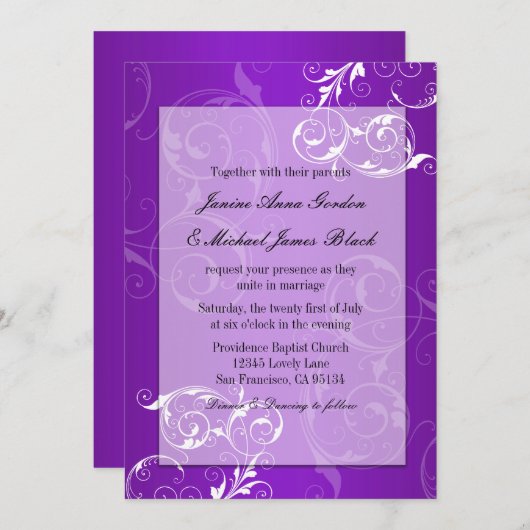 Paarse en witte trouwuitnodiging kaart (Voorkant / Achterkant)