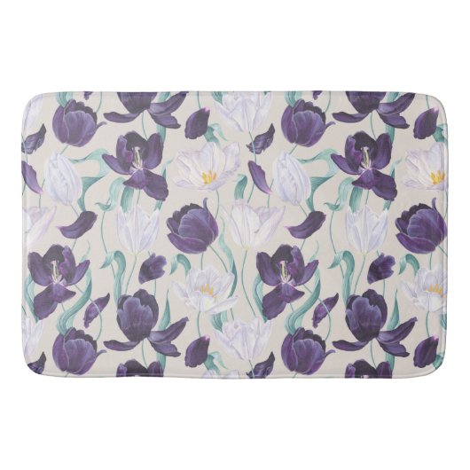 Paarse en Witte Tulpen Aangepaste achtergrond Bath Badmat (Voorkant)