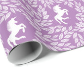Paarse en witte unicorn Floral Leaf Pattern Cadeaupapier (Rol Hoek)