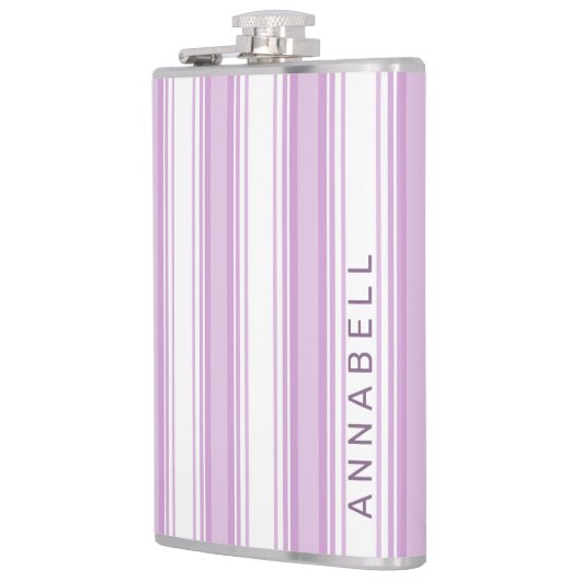 Paarse en witte verticale strepen aangepaste naam heupfles (Links)