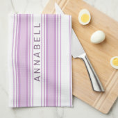 Paarse en witte verticale strepen aangepaste naam theedoek (Quarter Fold)