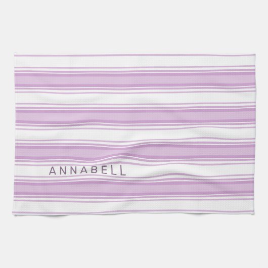 Paarse en witte verticale strepen aangepaste naam theedoek (Horizontaal)