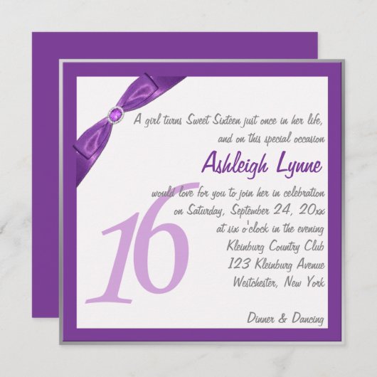 Paarse en witte vierkant Sweet Sixteen-uitnodiging Kaart (Voorkant / Achterkant)