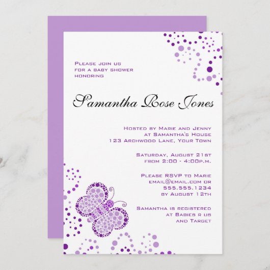 Paarse en witte vlinder Elegant Baby shower Kaart (Voorkant / Achterkant)