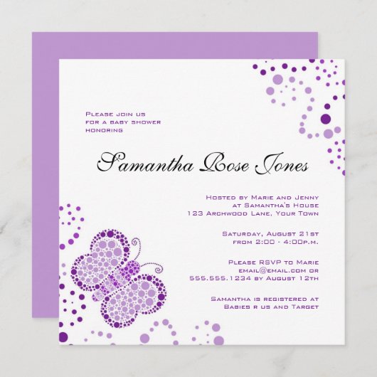 Paarse en witte vlinder Elegant Baby shower Kaart (Voorkant / Achterkant)