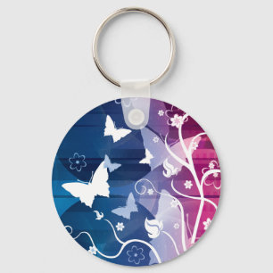 Paarse en witte vlinders en bloemen Sleutelhanger