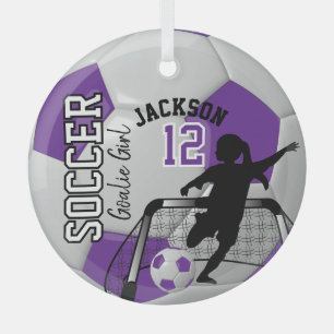 Paarse en witte voetbal goalie meisje ⚽ glas ornament