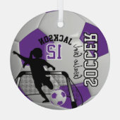 Paarse en witte voetbal goalie meisje ⚽ glas ornament (Achterkant)