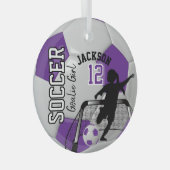 Paarse en witte voetbal goalie meisje ⚽ glas ornament (Voorkant Rechts)