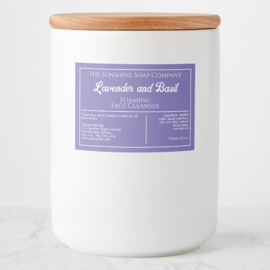 Paarse en witte waterdichte zeep productetiket voedselcontainer etiket (Voorkant)