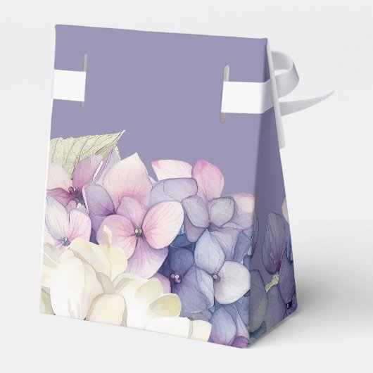 Paarse en witte waterverf hortensia's op lavendel bedankdoosjes (Achterkant)