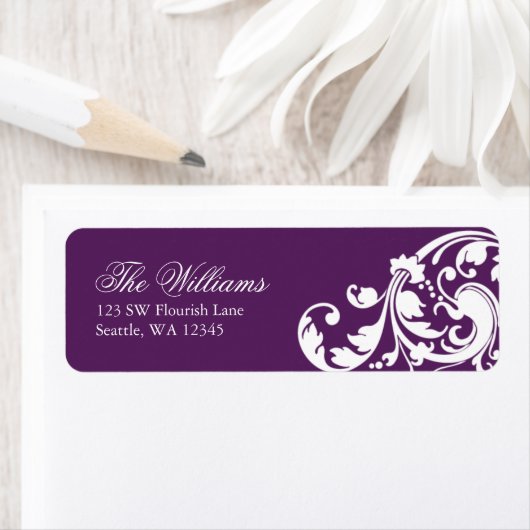 Paarse en witte werveling bloeien retouradres etiket (Insitu)