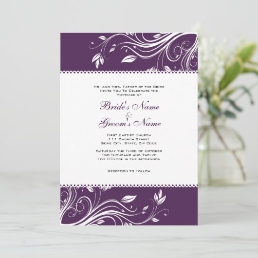 Paarse en witte zwevende zwevende riemen uitnodige kaart (Staand voorkant)