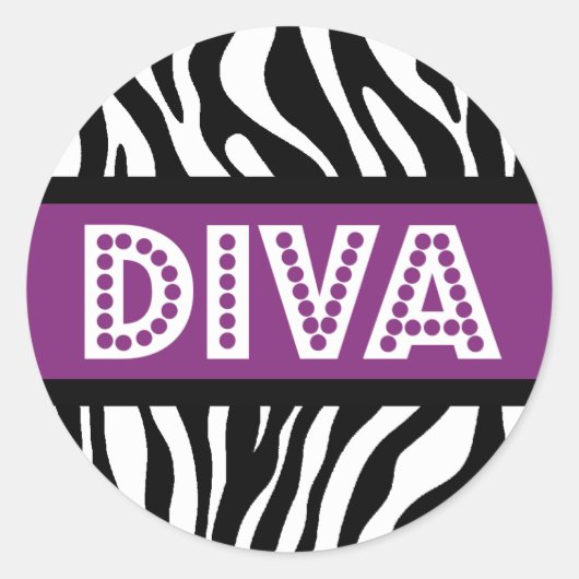 Paarse en zebraprint DIVA-typografie feeststicker Ronde Sticker (Voorkant)