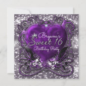 Paarse en zilver hart glans Sweet 16 uitnodigingen (Voorkant)