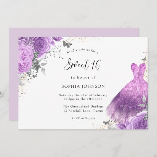 Paarse en zilverdressen en Rozen vlinder 16 Kaart (Voorkant / Achterkant)