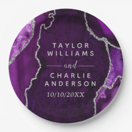 Paarse en zilveren Agaat Marmeren bruiloft Papieren Bordje