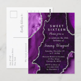 Paarse en zilveren agaatmarmeren Sweet Sixteen Briefkaart