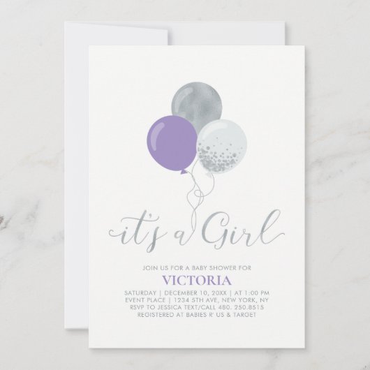 Paarse en zilveren ballonnen | Het is een meisje B Kaart (Voorkant)