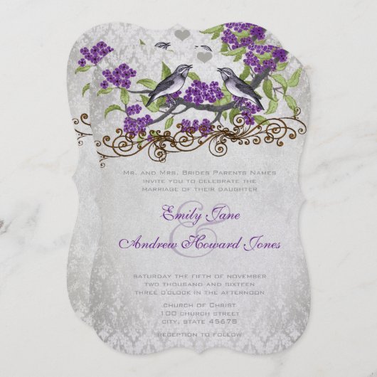 Paarse en zilveren  Bird Damask Wedding Invite Kaart (Voorkant / Achterkant)
