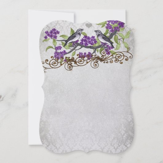 Paarse en zilveren  Bird Damask Wedding Invite Kaart (Achterkant)