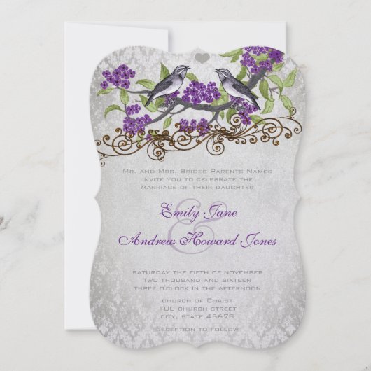 Paarse en zilveren  Bird Damask Wedding Invite Kaart (Voorkant)