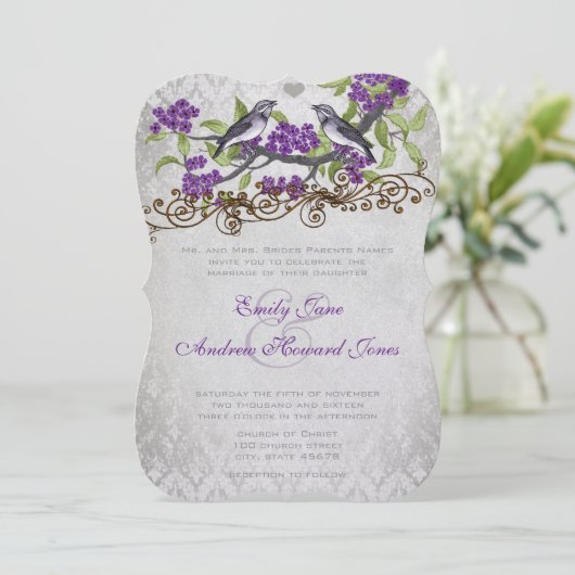 Paarse en zilveren  Bird Damask Wedding Invite Kaart (Staand voorkant)