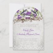 Paarse en zilveren  Bird Damask Wedding Invite Kaart (Voorkant)