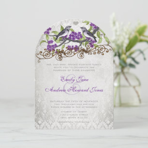 Paarse en zilveren  Bird Damask Wedding Invite Kaart