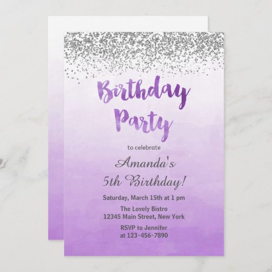 Paarse en Zilveren Birthday Uitnodiging (Voorkant / Achterkant)