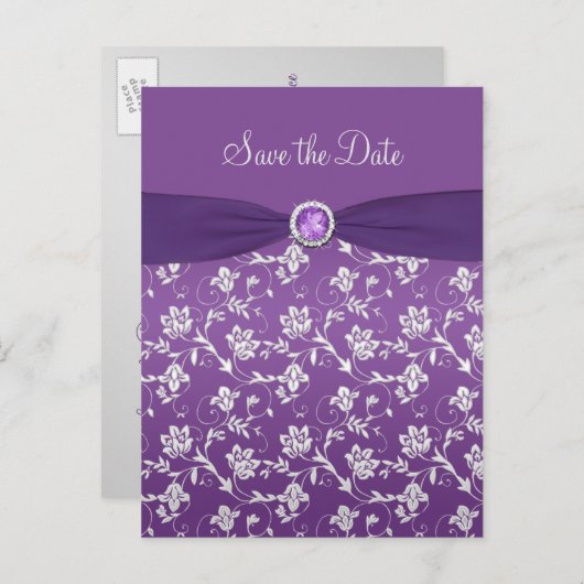 Paarse en zilveren Bloemen Bewaar de datum Post ka Aankondigingskaart (Voorkant / Achterkant)