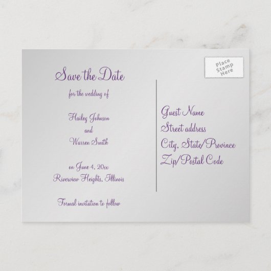 Paarse en zilveren Bloemen Bewaar de datum Post ka Aankondigingskaart (Achterkant)