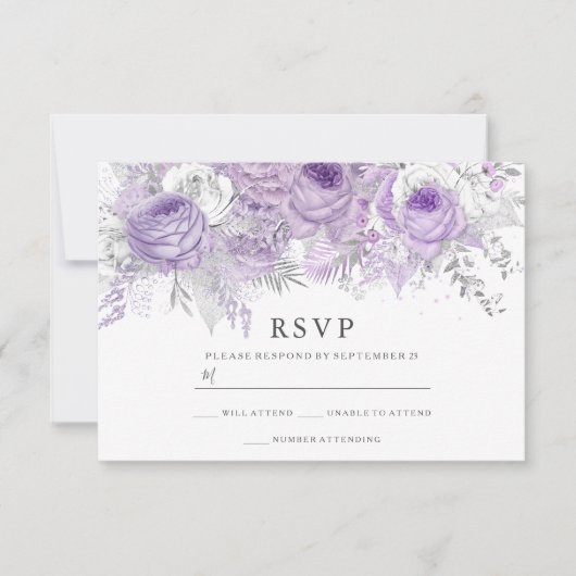 Paarse en zilveren bloemen Elegant Wedding RSVP (Voorkant)