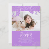 Paarse en Zilveren Bloemen Foto Verjaardagsfeest Kaart (Voorkant)