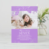 Paarse en Zilveren Bloemen Foto Verjaardagsfeest Kaart (Staand voorkant)