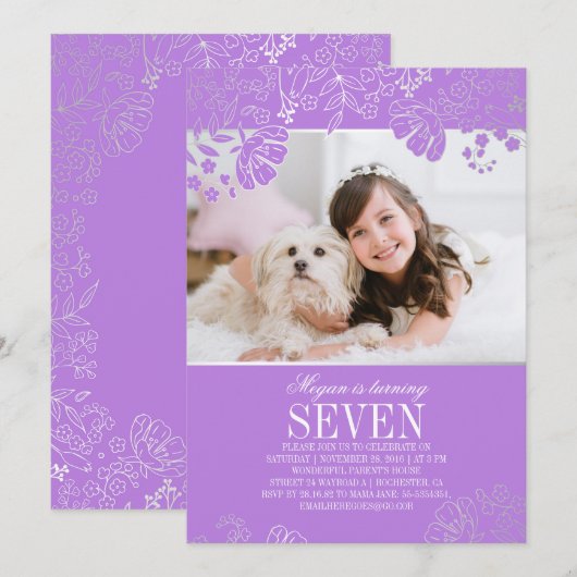 Paarse en Zilveren Bloemen Foto Verjaardagsfeest Kaart (Voorkant / Achterkant)