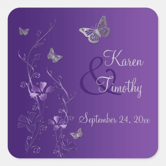 Paarse en Zilveren Bloemen met Vlinders Sticker (Voorkant)