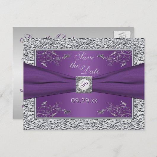 Paarse en zilveren bloemen opslaan de datum Kaart (Voorkant / Achterkant)
