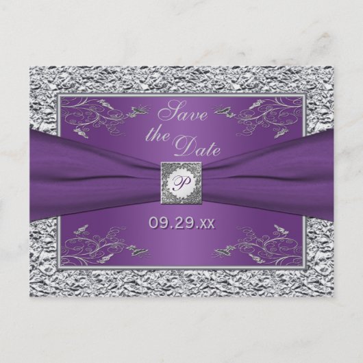 Paarse en zilveren bloemen opslaan de datum Kaart (Voorkant)