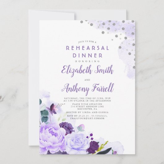 Paarse en Zilveren Bloemen Romantisch Repetitie Di Kaart (Voorkant)