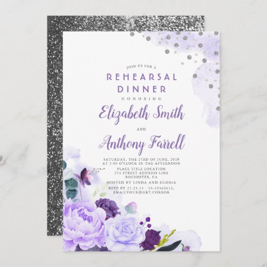 Paarse en Zilveren Bloemen Romantisch Repetitie Di Kaart (Voorkant / Achterkant)