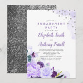 Paarse en zilveren bloemen romantisch verlovingsfe kaart (Voorkant / Achterkant)