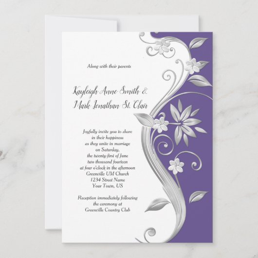  Paarse en Zilveren Bloemen Swirls Bruiloft Kaart (Voorkant)