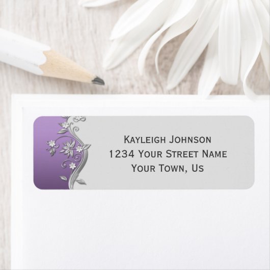 Paarse en Zilveren Bloemen Swirls Etiket (Insitu)