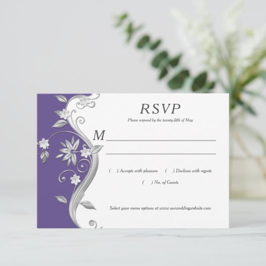  Paarse en Zilveren Bloemen Swirls RSVP (Staand voorkant)