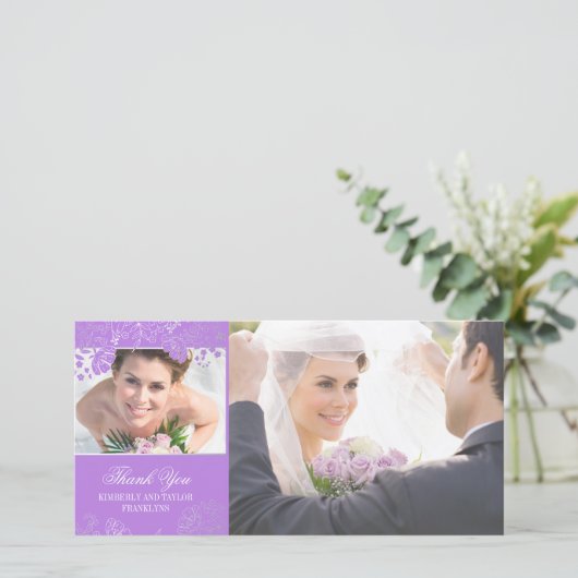 Paarse en Zilveren Bloemen Trouwfotokaarten Bedankkaart (Staand voorkant)