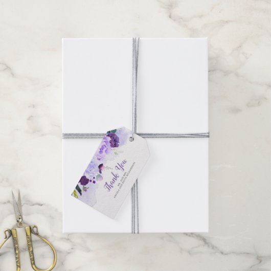 Paarse en Zilveren Bloemen Waterverf Bruiloft Cadeaulabel (Met Touw)